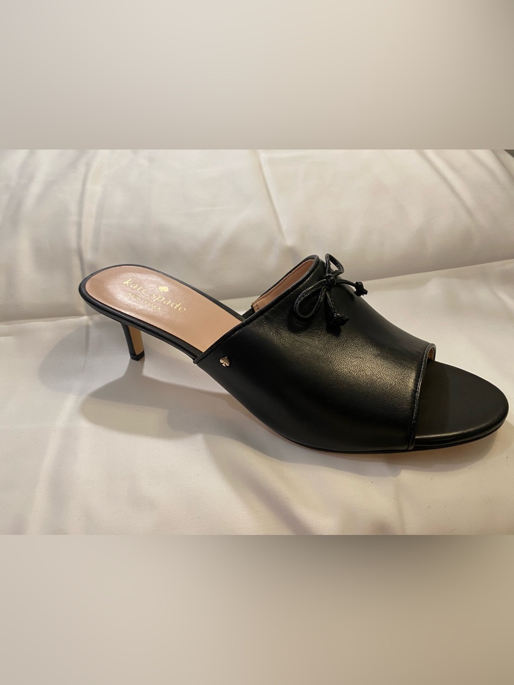 New kate spade Stassi Black Leather Bow-Detail Mule Heels
